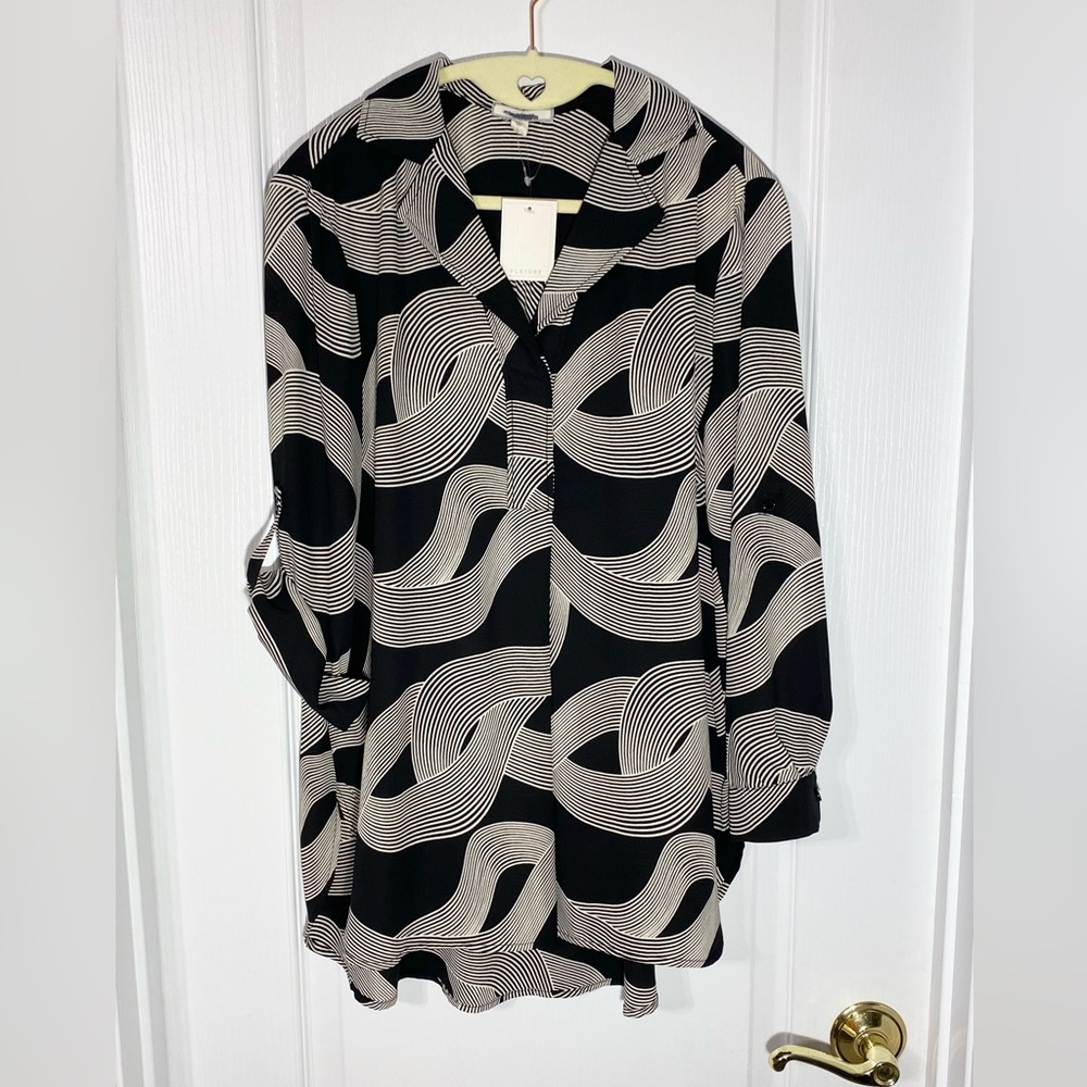 NWT Pleione Patterned Roll Tab Sleeve Notched Collar Tunic Blouse Black Cream L